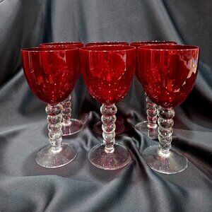 RARE Art Deco Ruby Glass Stacked Knob Stem Wine/Water Goblets